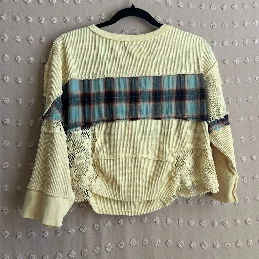 Free People Nina Plaid Patchwork Crop Long Sleeve Sz XS‎